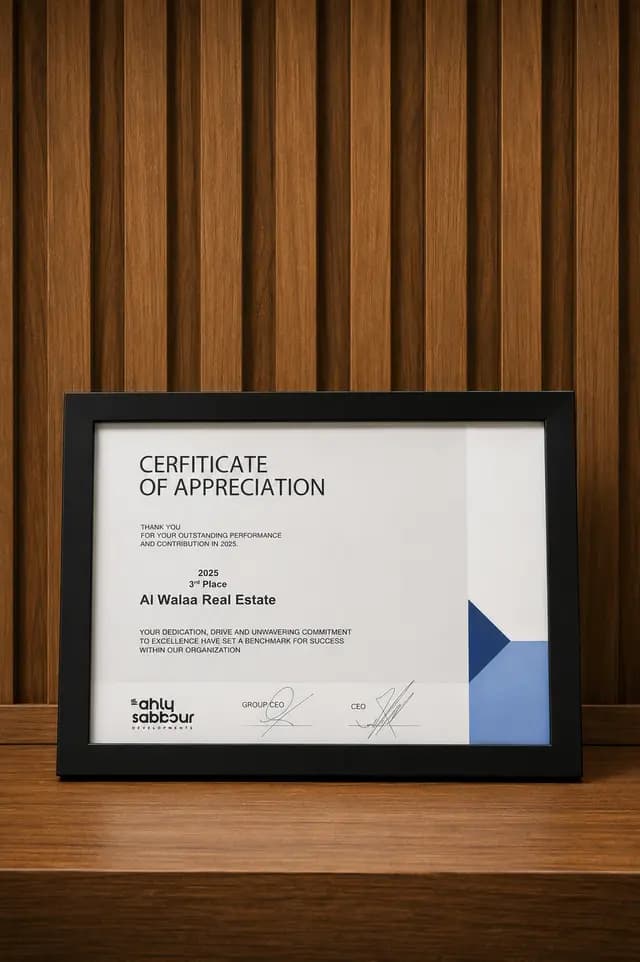 Framed certificate of appreciation from Al Ahly Sabbour Developments naming Al Walaa Real Estate, third place, 2025