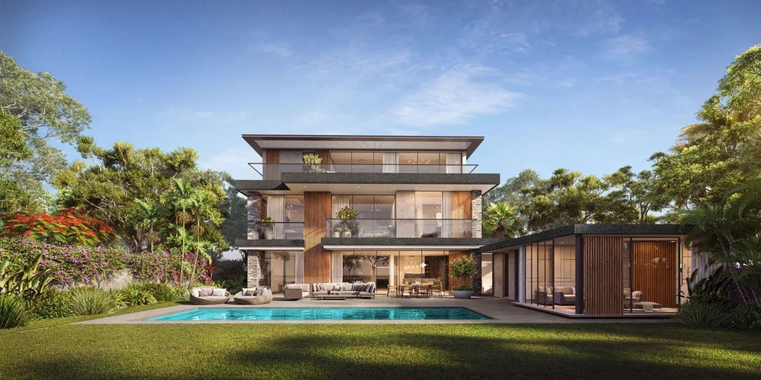 Modern detached villa with a private pool and mature planting