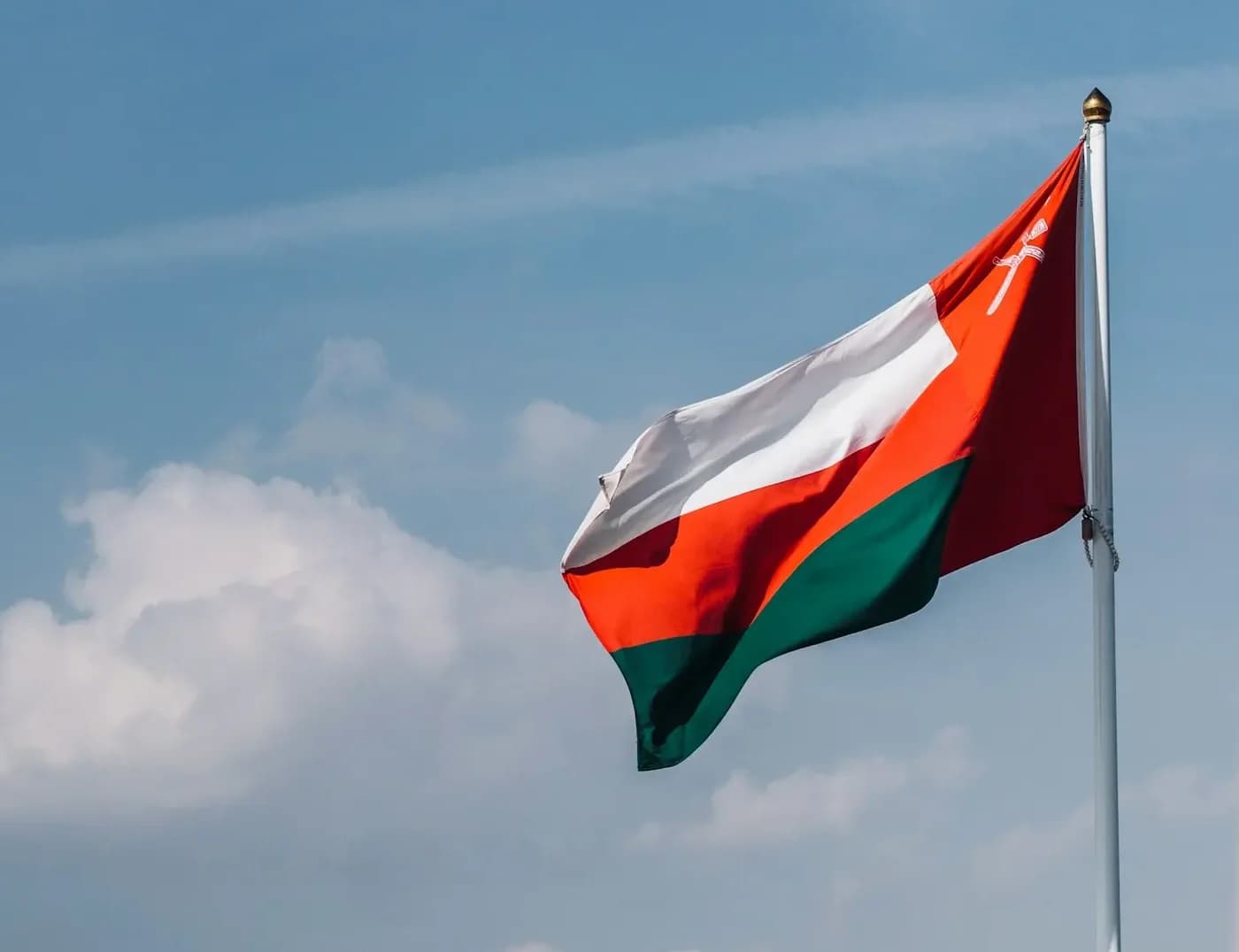 The flag of Oman flying against the sky